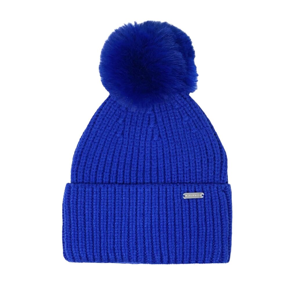 4957 Wide Cuff Space Dye Faux Fur Pom Beanie Blue